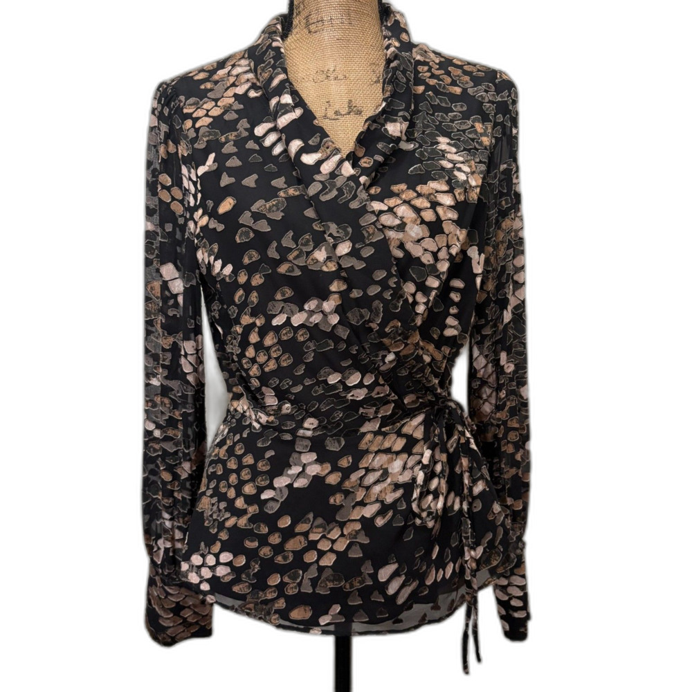 Adelyn Rae Velvet Burnout True‎ Wrap Blouse Black Blush Feminine Size Large